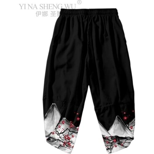 Peach Blossom Print New Japanese Kimono Pants Harajuku Trousers Asian Clothes Mens Clothing Traditional Thin Harem Loose Pants