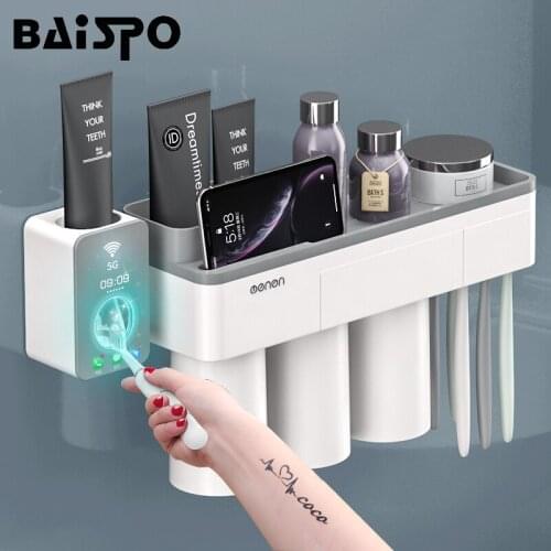 BAISPO New Magnetic Adsorption Toothbrush Holder With 4 Cups Wall Mounted Bathroom Storage Rack Case Bathroom Accessories Set