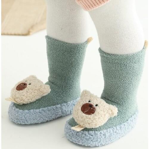 Baby Winter Non Slip Sock Shoes Newborn Infant Girl Boy Coral Fleece Warm Long Floor Sock Cute Animal Thermal First Walker Shoes