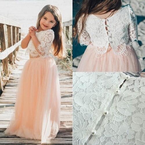 Princess Flower Girls Dresses Jewel Short Sleeve Appliques Lace Kids Formal Wear Two Pieces First Communion Gowns