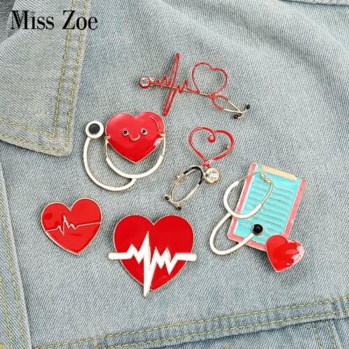 Heartbeat Stethoscope Enamel Pins Custom Electrocardiogram Medical Brooch Lapel Badge Bag Cartoon Jewelry Gift for Kids Friends