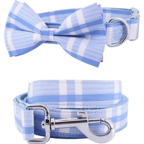 Classic plaid dog collar dog bowtie and leash set for pet dog cat with rose gold metal buckle