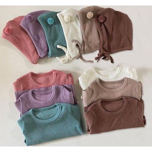 2021 New Spring Pure Color Romper Baby Boy Girl Jumpsuit+Hat 2PCS Long Sleeves Cotton Soft Infant Baby Clothes Jumpsuit Outfit