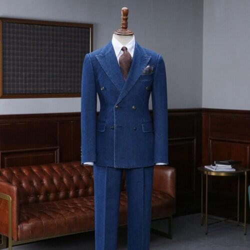 2 Pieces Denim Men Suits Blue Handsome Double Breasted Custom Made Man Suits Casual Modern Tuxedos Peaked Lapel Blazer Business