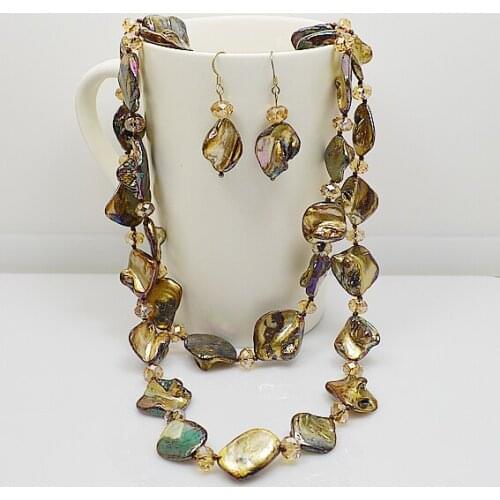 120cm Long Shell Crystal Necklace Earrings Jewelry Set Brown Baroque Shell Gold Crystal Beads Jewelry Charming Women Gift