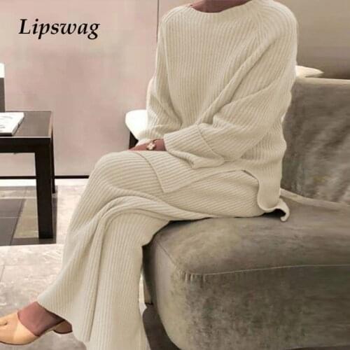 Winter Ladies Elegant Solid Home Suit Women Casual Soft Two Piece Set Fashion O-Neck Pullover Tops + Knit Pants Homewear Pajama