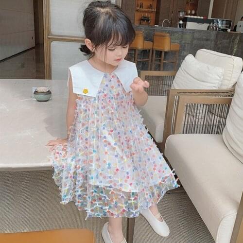2021 Summer Clothing Sleeveless Dress for Kids Peter Pan Collar A-Line Dress Dot Print Mid-Calf Length Girls Chiffon Dresses