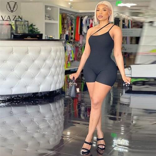 VAZN 2021 Summer Energy Solid Sexy Beach Hollow Out One Off Shoulder Young Free High Waist Women Skinny Playsuits