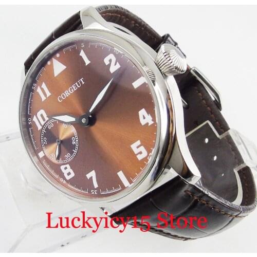 CORGEUT New Red Hand Winding 6497 Mechanical Movement Men Wristwatch Leather Strap 44mm