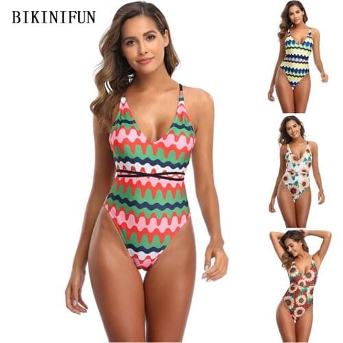 2020 New Sexy Deep V Swimwear Women Floral Print Monokini Cross Back Swimsuit S-XL Girl Backless Bathing Suit One Piece Suit