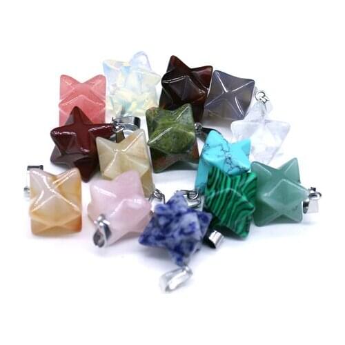 Wholesale 24Pcs New Fashion Necklace Multicolor Natural Semi-precious Stone Pendants Merkaba Pendulum 3D Six-pointed Star