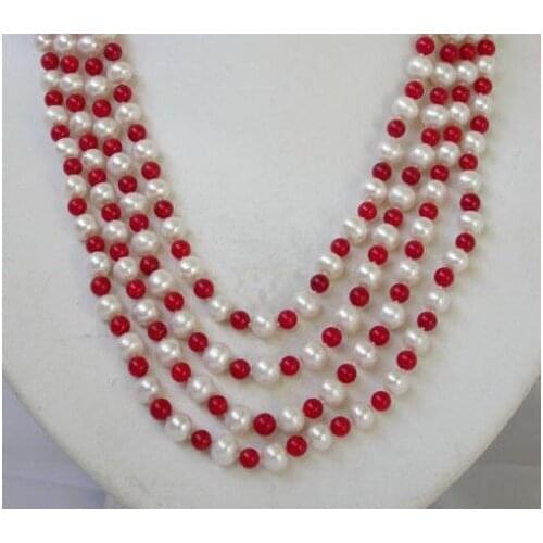 100"beautiful 7-8mm 6mm red coral PEARL white pearl Necklace earring set