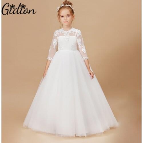 2-14T Girls Appliques Dress White Wedding Children Clothing Princess Wedding Dresses Baby Kids Birthday Party Clothes
