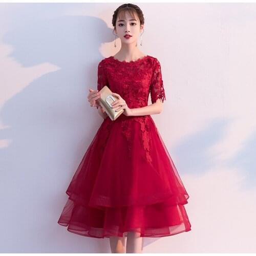 New O-Neck Special Occasion Dresses Short Sleeves Zipper Back Ruched A-Line Appliques Fashion Tea-Length Lady Prom Gown E1096