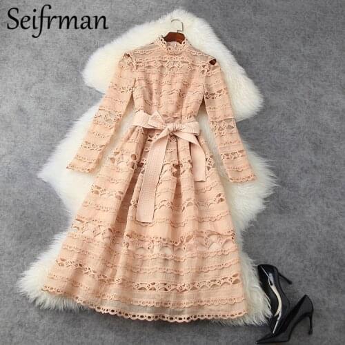 Seifrmann Spring Women Fashion Designer Party A-Line Dress Long Sleeve Sashes Lace Hollow Out Elegant Ladies Midi Dresses 2021