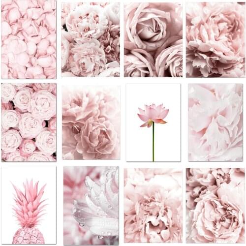 Modern Blooming Flower Pink Wall Art Canvas Girl Bedroom Decoration Pictures Paintings Living Room Decoration Poster Nordic