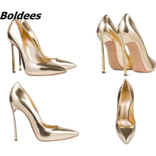 Boldees Sexy Women Stilettos Pointed Toe Shoes Fancy Metal Thin Heel Work Pumps Girls Slip on High Heels Nightclub Dress Shoes