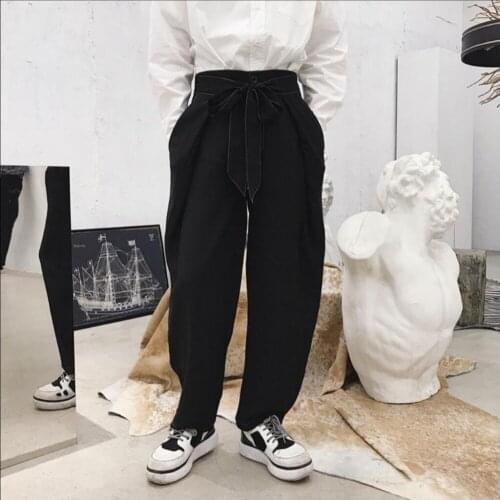 Spring And Summer Fashion Mens Loose Casual Pants Youth Wide Leg Pants Hairstylist Straight Jeans Strap Pants Singer Costumes
