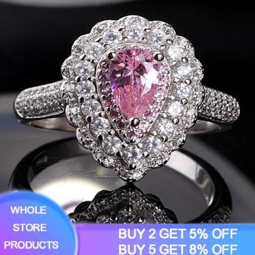 YANHUI Original Pure Silver 925 Ring Pear Shape Pink Crystal Zircon Water Drop Rings for Women Fashion Jewelry Gift