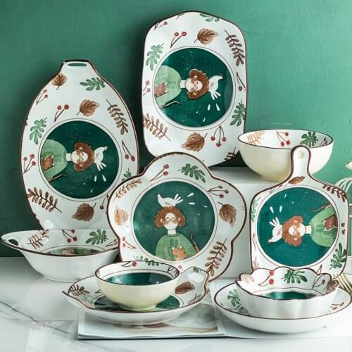 Japanese Modern Tableware Baking Tray Salad Deep Plate Ceramic Dishes Household Lovely Fairy Tale Forest Wedding Gifts