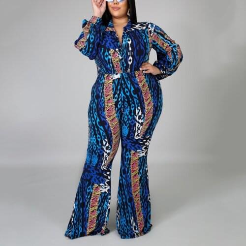 4XL 5XL 6XL Plus Size Jumpsuits For Women 2020 New Autumn Blue Print Long Sleeve High Waist Elegant Fashion Rompers Jumpsuits