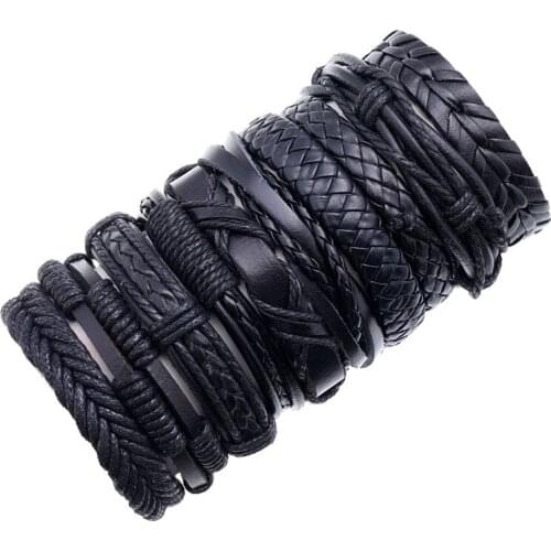 Jessingshow Mens Leather Bracelet Vintage Bangle Handmade Weave Women Punk Jewelry Adjustable Hip Hop Bracelets 10pcs/set