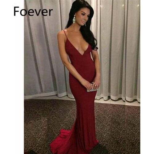 2019 Sexy Burgundy Prom Dresses Long Deep V-Neck Floor Length Elastic Satin Backless Formal Evening Party Dress for Women