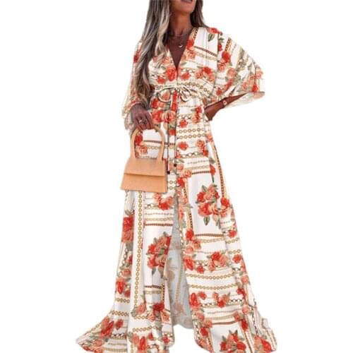 New Autumn Women Floor-length Dress V Neck High Waist Slit Dress Batwing Sleeve Printing Maxi Dress Wedding Cover-Ups Vestidos