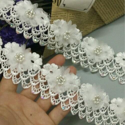2 yard 5cm Soluble White Pearl Rose Flower Embroidered Lace Trim Ribbon Fabric Sewing Craft For Costume DIY Hat Shoes Decoration
