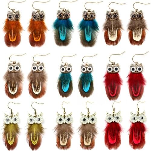 2021 Retro Owl Creative Earrings Female Colored Glaze Dripping Oil Eye Earrings Natural Feather Exquisite Earrings
