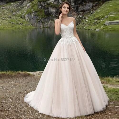 Ball Gown Pink Tulle Wedding Dresses Sheer V Neckline Lace Appliques Robe De Mariée Bridal Gown Vestido De Noiva 2020 Sleeveless