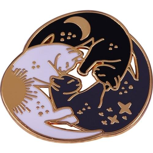 Three Cats Hugging Circle Enamel Pin Yin Yang Balance Brooch Sun Moon Stars Celestial Badge