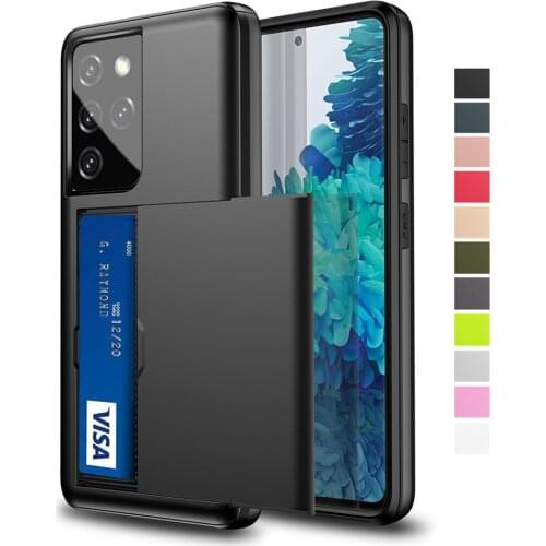 Armor Slide Card Slots Holder Cover For Samsung Galaxy S21 S20 FE Note 20 Ultra 10 9 8 S10 E S9 S8 Plus S7 Edge Case Coque Funda