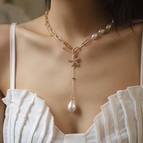 DIEZI Fashion Baroque Style Starfish Water Drop Tassel Chain Necklace Girls Vintage Imitation Pearl Necklaces For Women Jewelry