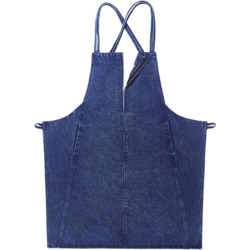 Black Blue Denim Apron Cross Back Strap Restaurant Cafe Mixologist Pastry Chef Uniform Barber Hairdresser Florist Work Wear E82