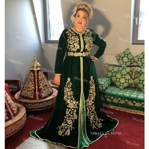Elegant Green Velvet Kaftan Evening Dresses With Beaded Appliques 2021 Long Sleeve Abaya Muslim Prom Dress Plus Size Formal Gown