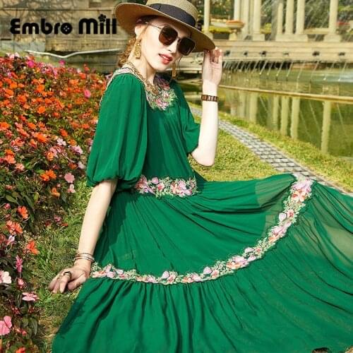 High-End Silk Embroidery Spring New Street Style Square Collar Half Sleeve High Waist Loose Elegant Women A-Line Dress S-XL