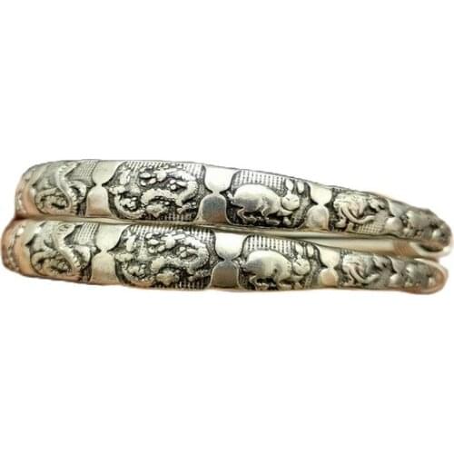 Collect old silver 12 zodiac bracelet archaize open bracelet pair