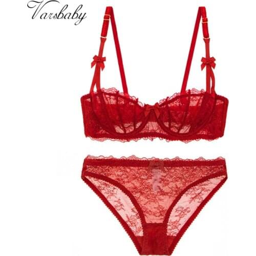 Varsbaby Sexy Dark Red Color Lace Bra Set Half Cup Breathable Sexy Lingerie plus size bra set