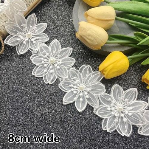 Nice White Organza Tulle Lace Applique 3D Bead Flower Embroidery Ribbon Trim DIY Sewing Neckline Clothing Apparel Decoration