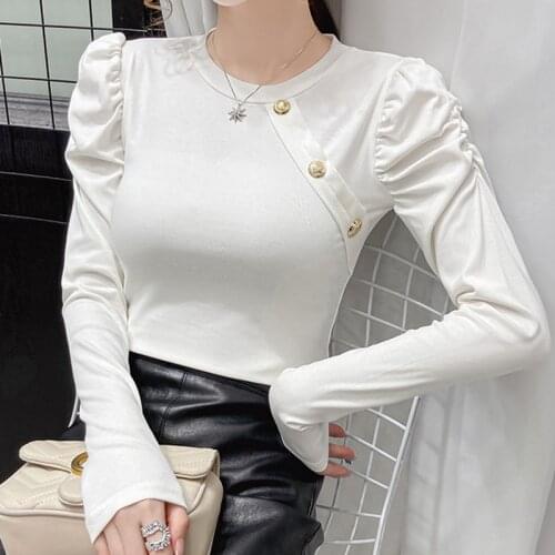 LJSXLS O Neck Slim Cotton White T Shirt Women Korean Fashion Top Puff Sleeve Button Casual Tshirts 2021 Autumn Tee Shirt Femme