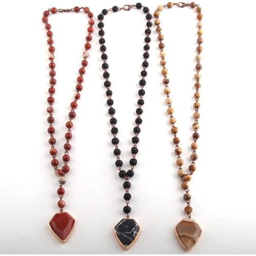 Fashion Bohemian Jewelry 6mm Stone Rosary Chain Stone Pendant Necklaces Women Choker Necklace