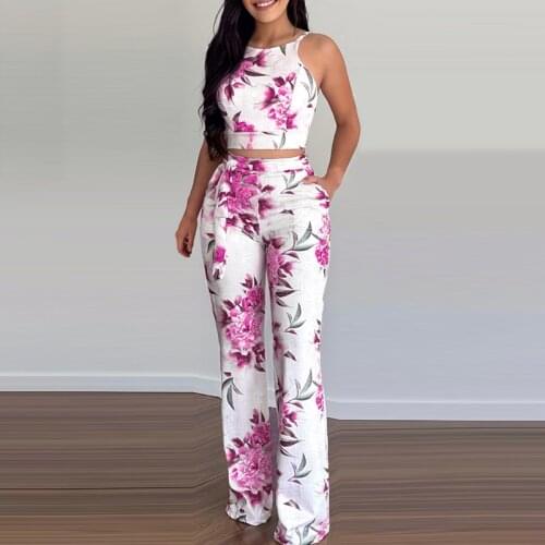 Fashion Two Piece Set Casual Wear Suits Set Two Piece Outfit Floral Print Sleeveless Crop Top & High Waist Pants Set