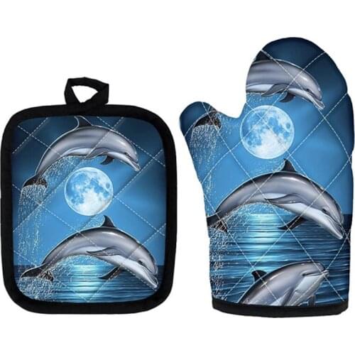 Ocean Dolphin 3D Print 2Pcs Microwave Oven Gloves Heat Resistant Pads For Bbq Baking Cooking Oven Mitts And Pot Holders Sets
