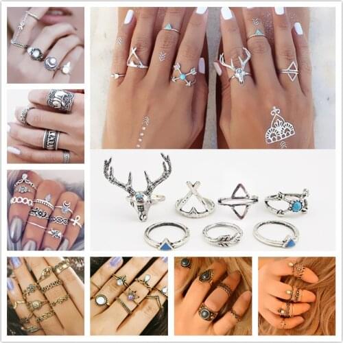 European & American Rings Set Beach Jewelry Finger Ring Fashion Anel Anillos Bohemian Antique Statement Moon Midi Ring Carved
