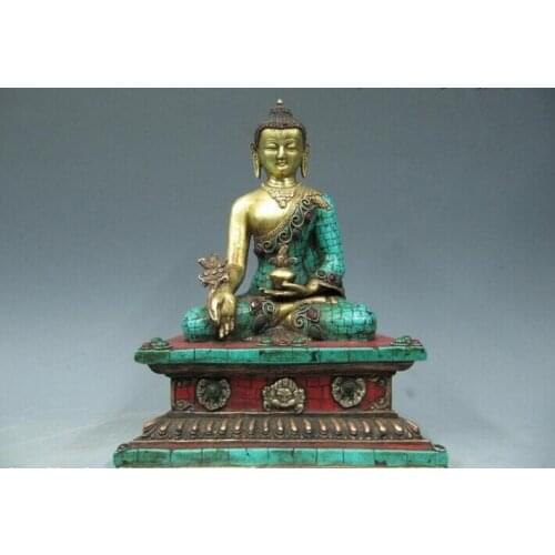 Song voge gem S0622 11 Tibet Pure Copper Bronze 24K Gold turquoise coral Sakyamuni Buddha Statue
