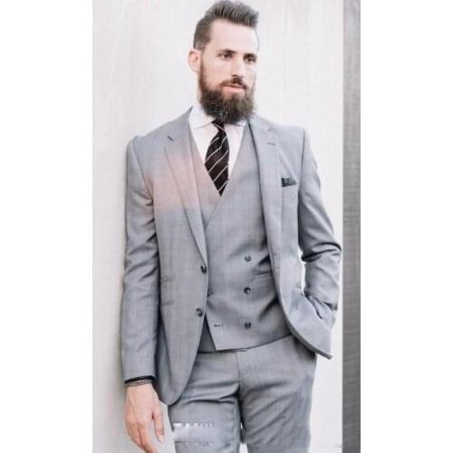 Jacket+Pants+Vest) Handsome Light Grey 3 Piece Groom Tuexdos For Wedding Formal Prom Suit Party Evening Blazer Custom Made