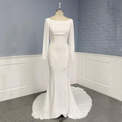 Real Picture In Stock Wedding Dress Long Sleeve Bateau Neck Two Layers Mermaid Bridal Gowns