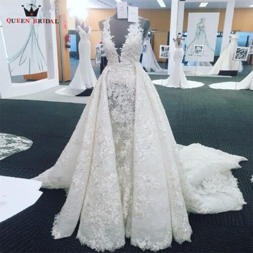 Detachable Skirt Long Train A-line V-neck Wedding Dresses Tulle Lace Crystal Beaded Luxury Bridal Gowns Custom Size SK14