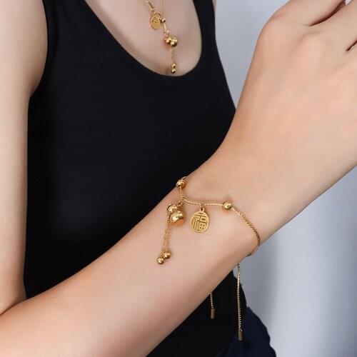 YAONUAN Chinese Style Jewelry Set For Women Gold Plated Titanium Steel Necklace/Bracelet Gourd Lucky Character Tassel Pendant